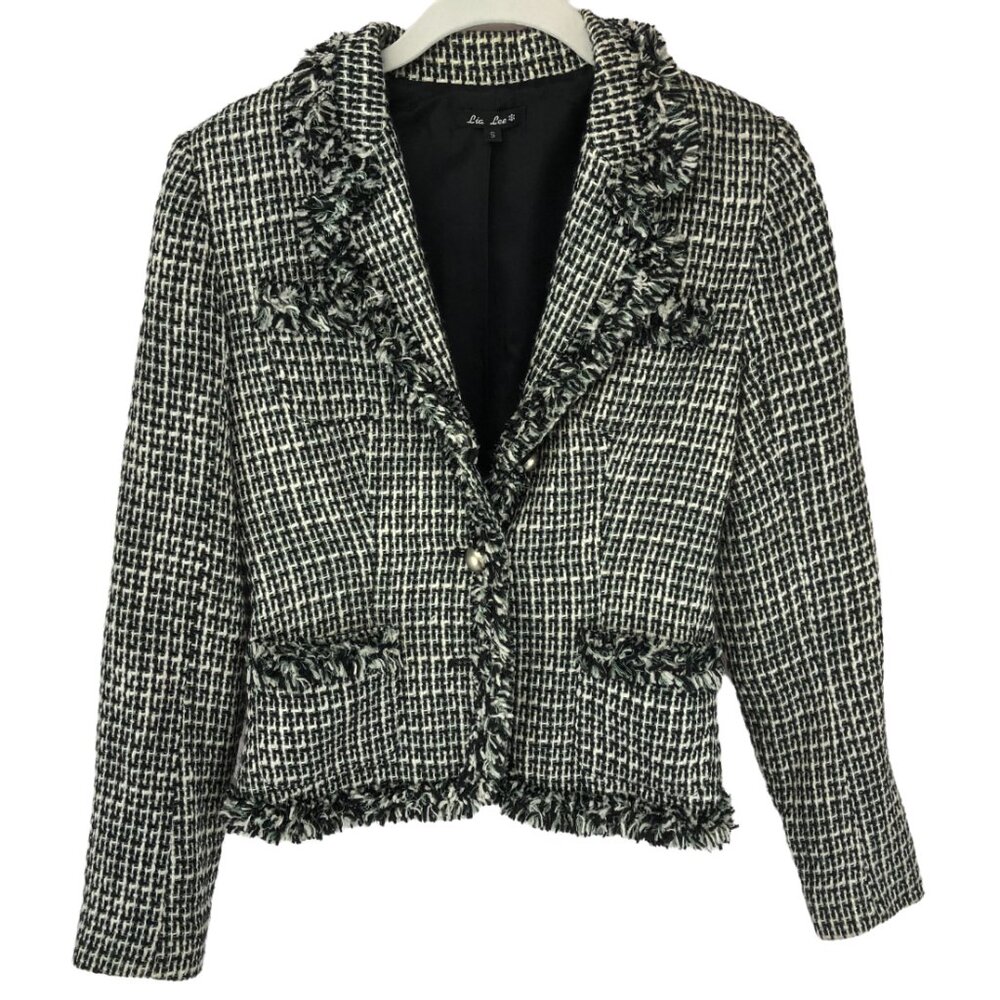 Lia Lee Black and White Short Fringed Fitted Blazer Size S